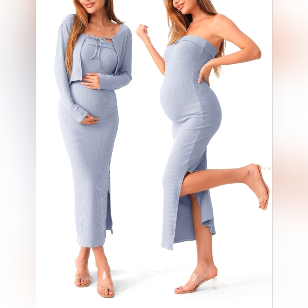 Elegant Maternity Baby Blue Dress Set